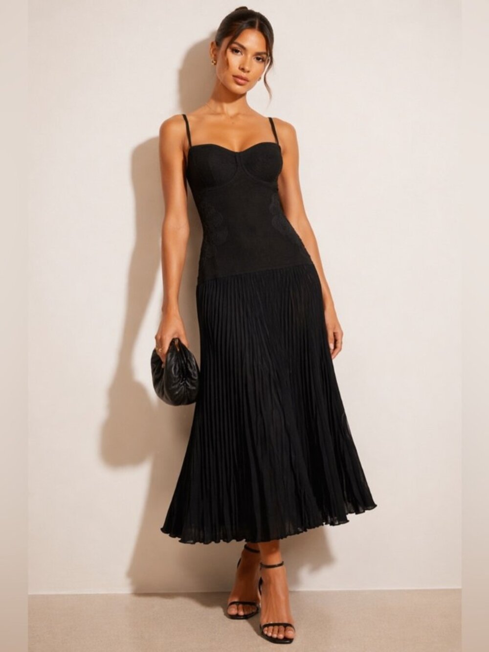 Black Pleated Midi Dress with Spaghetti Straps